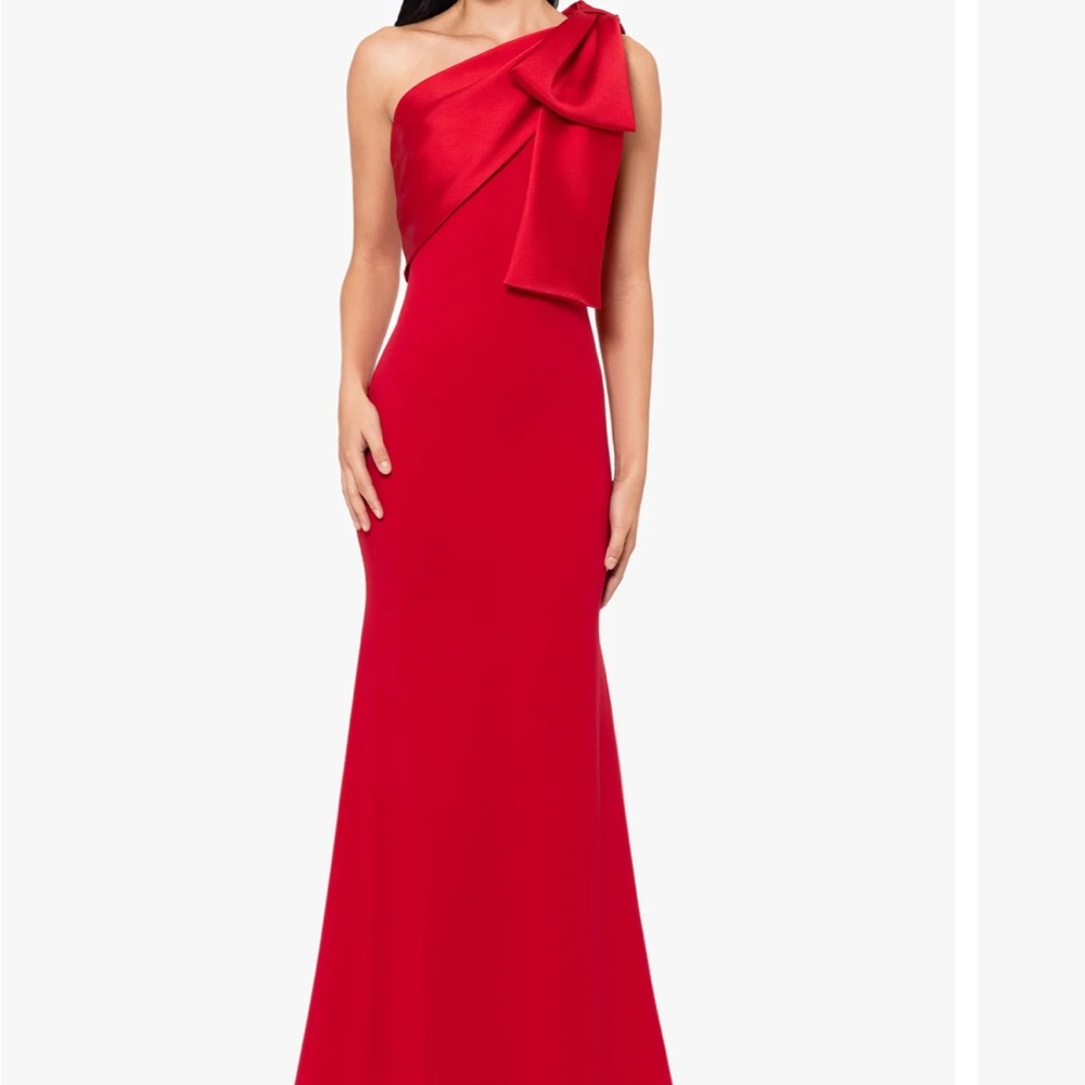 Betsy & Adam Red One-Shoulder Evening Gown with Sculpted Bow